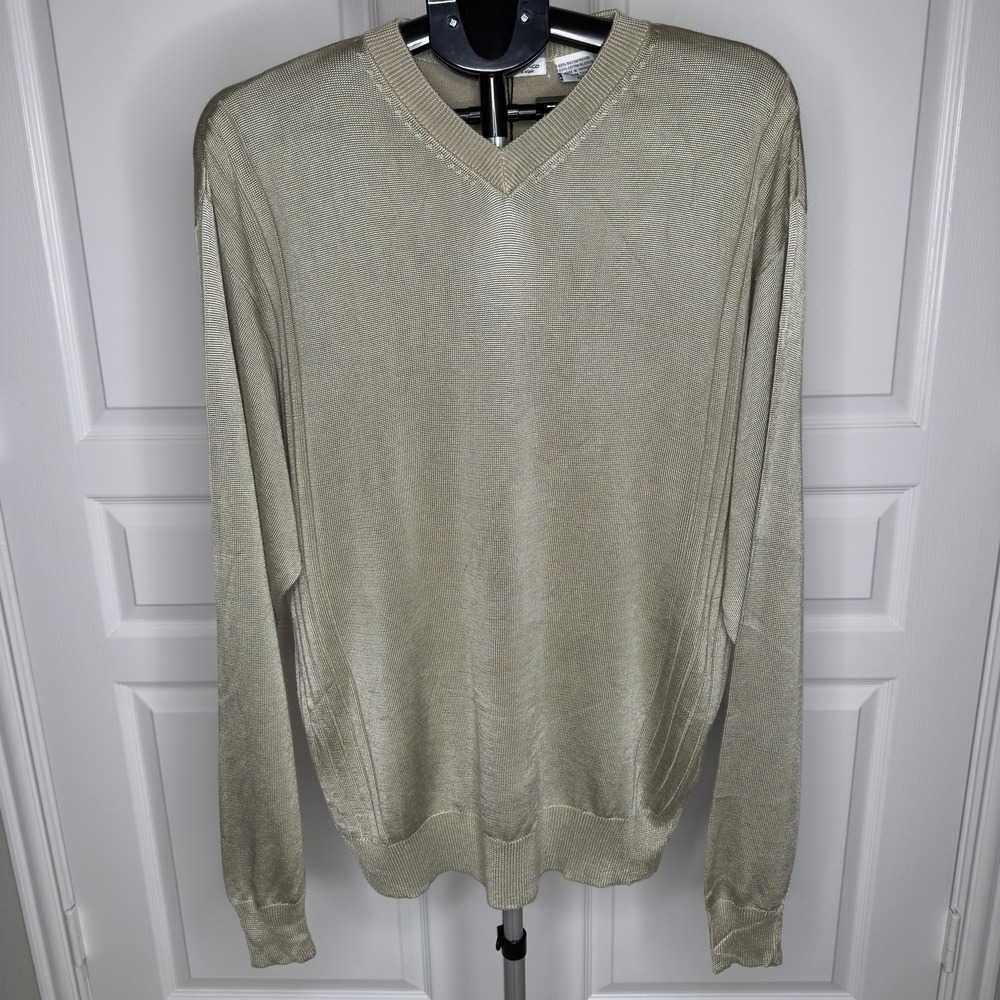 Moda Bianco Sweater Mens XL Beige V Neck Lightweight Rayon Cotton Knit Pullover